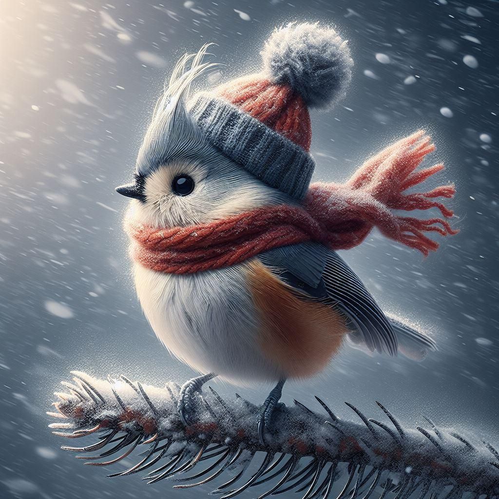 Tufted Titmouse Weathering a Blizzard