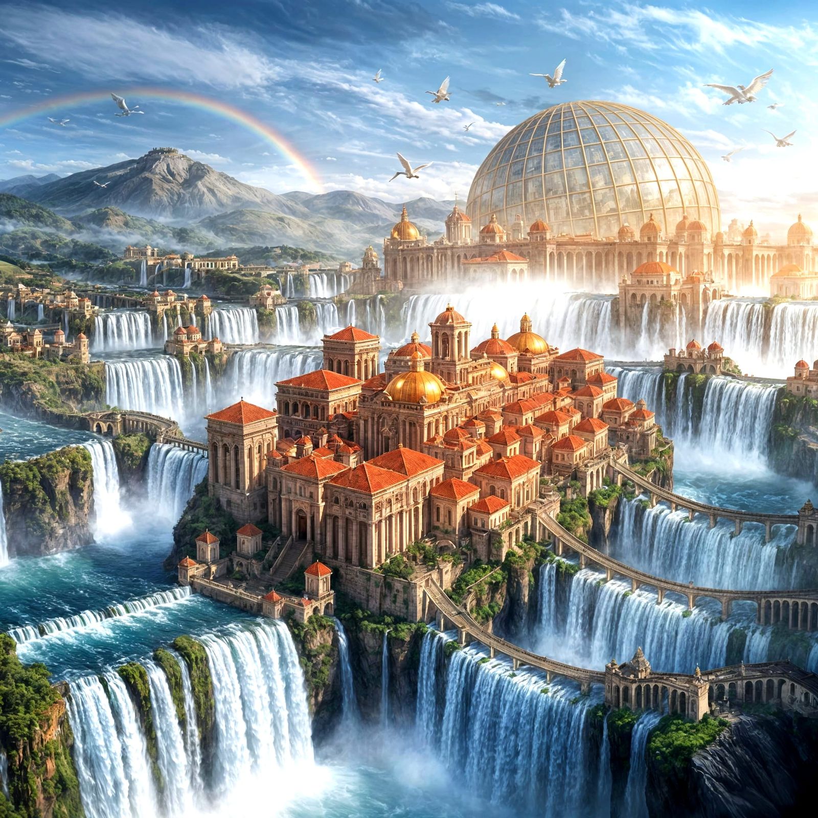 Empire Suspended in Endless Waterfalls  by @AI Ky