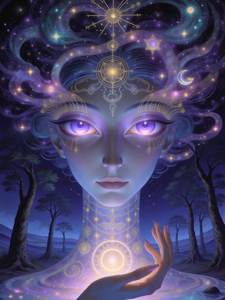 <lora:Ancient Nouveau:1.0> A serene Cosmic Nouveau portrait emerging from swirling stellar dust with their face emerging from Art Nouveau ce...