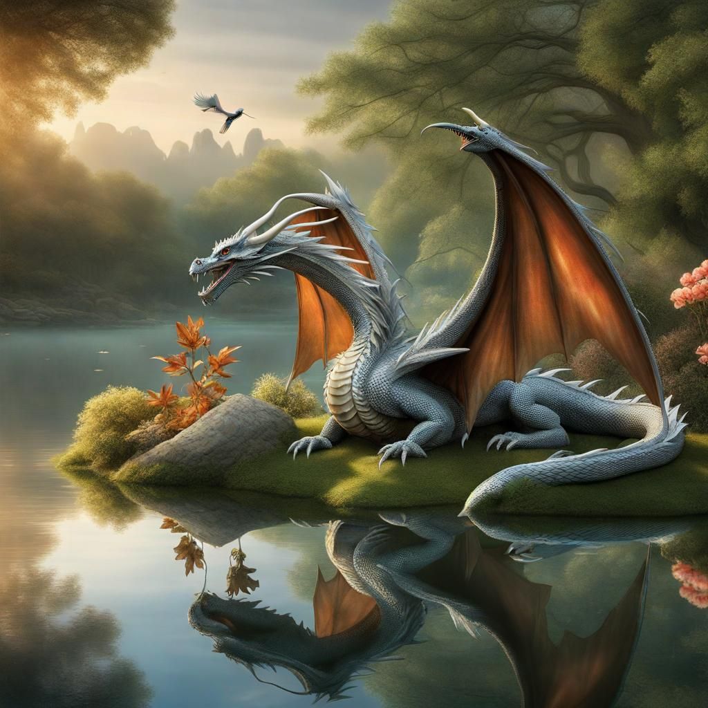 A majestic dragon and a graceful bird share a serene pond, c...