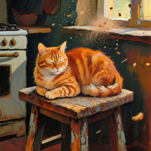 The cat is resting, but is not averse to eating 
By Oskar Rabin and Oskar Kokoschka