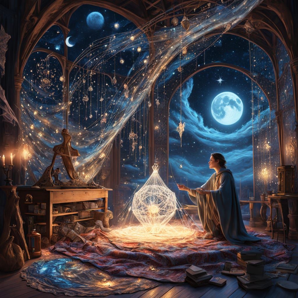 The Dream Weaver - Inside a moonlit atelier draped with silver threads, a robed artisan sits before a loom made of crystal and mist. With ev...