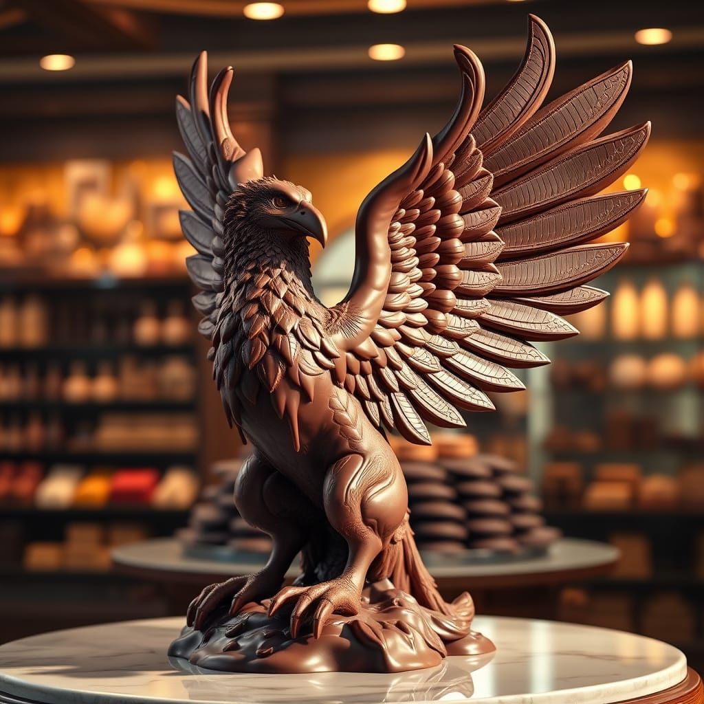: A towering chocolate sculpture of a griffin, its wings outstretched in a majestic pose, slowly melting ...  by @Terryh