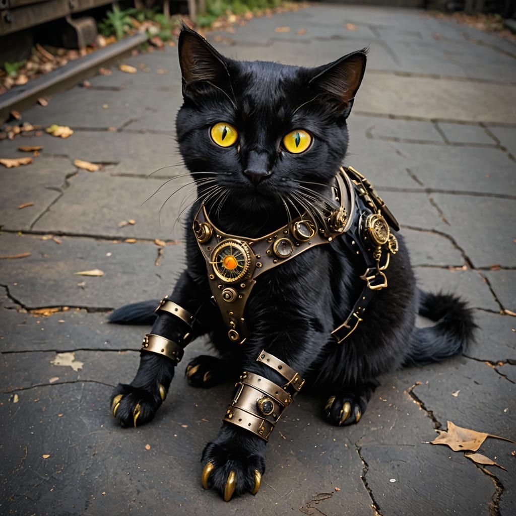 black cat. yellow eyes. with a steampunk brass prosthetic paw. with a ...