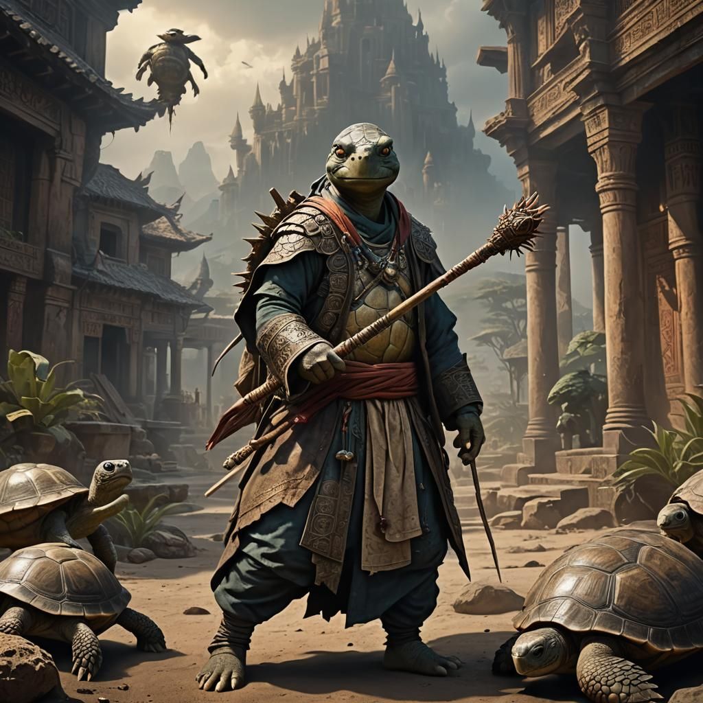 a young teenage male turtle monk with a spikey shell and a headband, weilding a staff that seems to shrink
