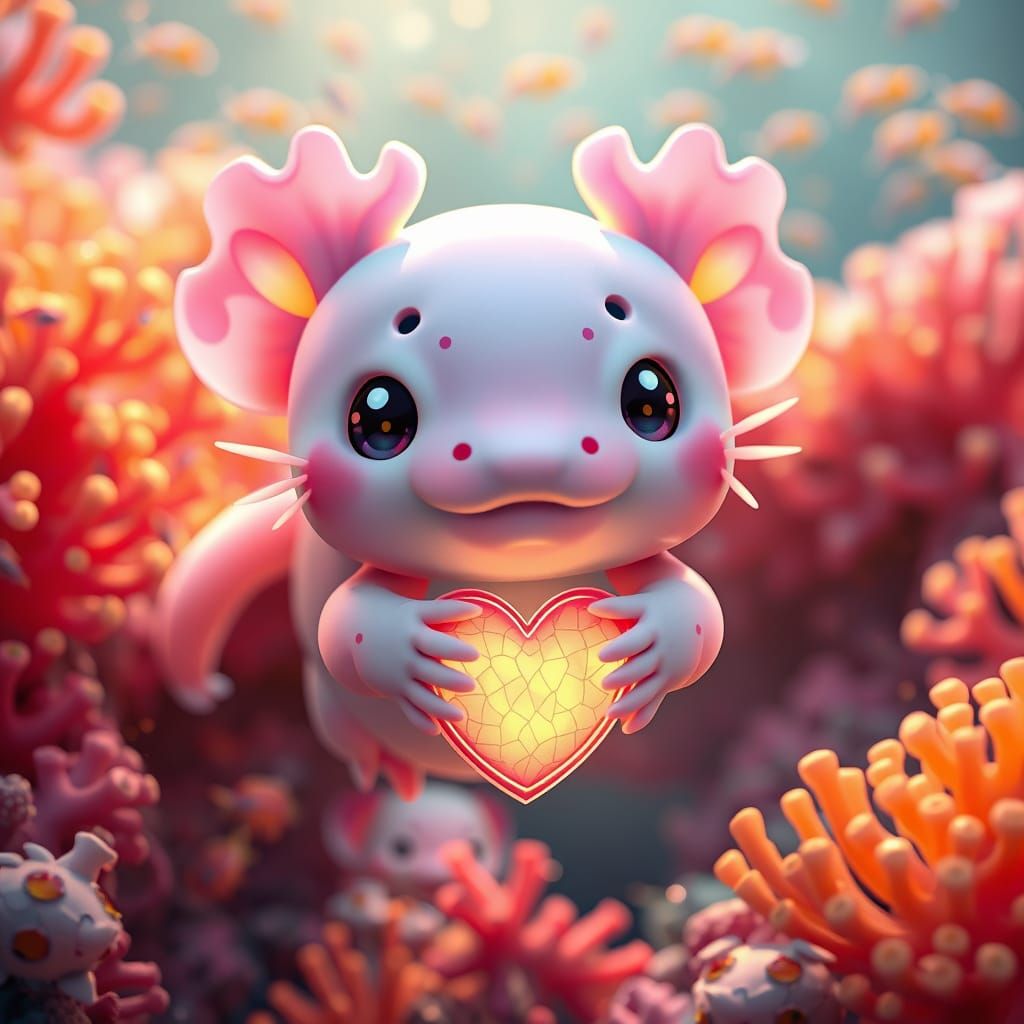 a kawili chibi axolotol swiming through a coral reef holding a heart  by @Kristine