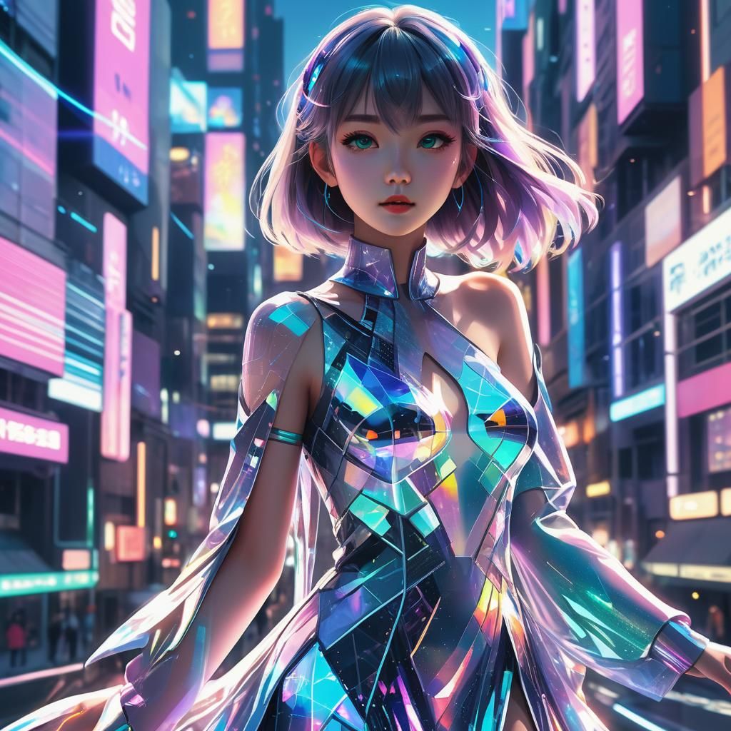 A lady wears a holographic dress