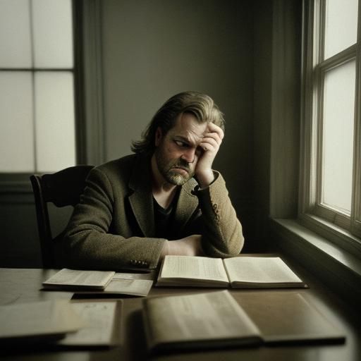 Moody Film Still of a Person in a Book-Filled Room