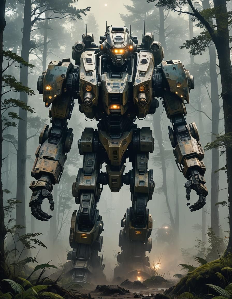 30m tall battlemech patrolling through a muddy forest on an alien world ...