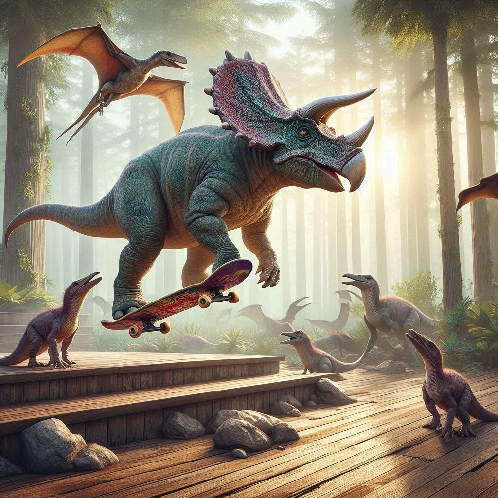 Silly dinosaur on skateboard