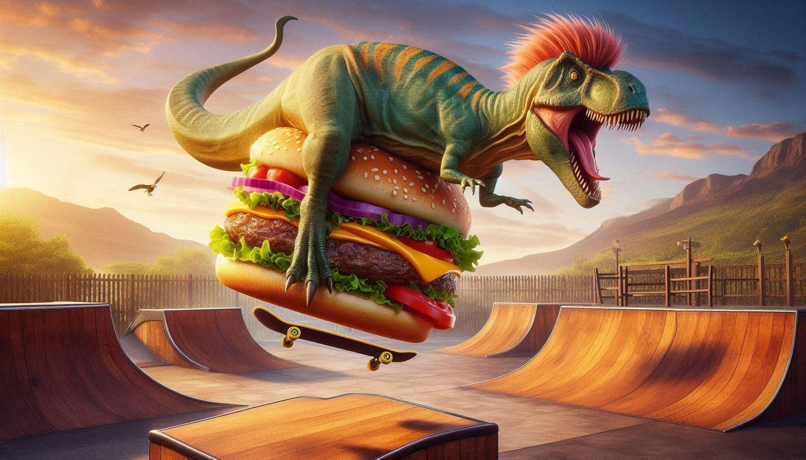 Silly dinosaurs on skateboards and hamburgers