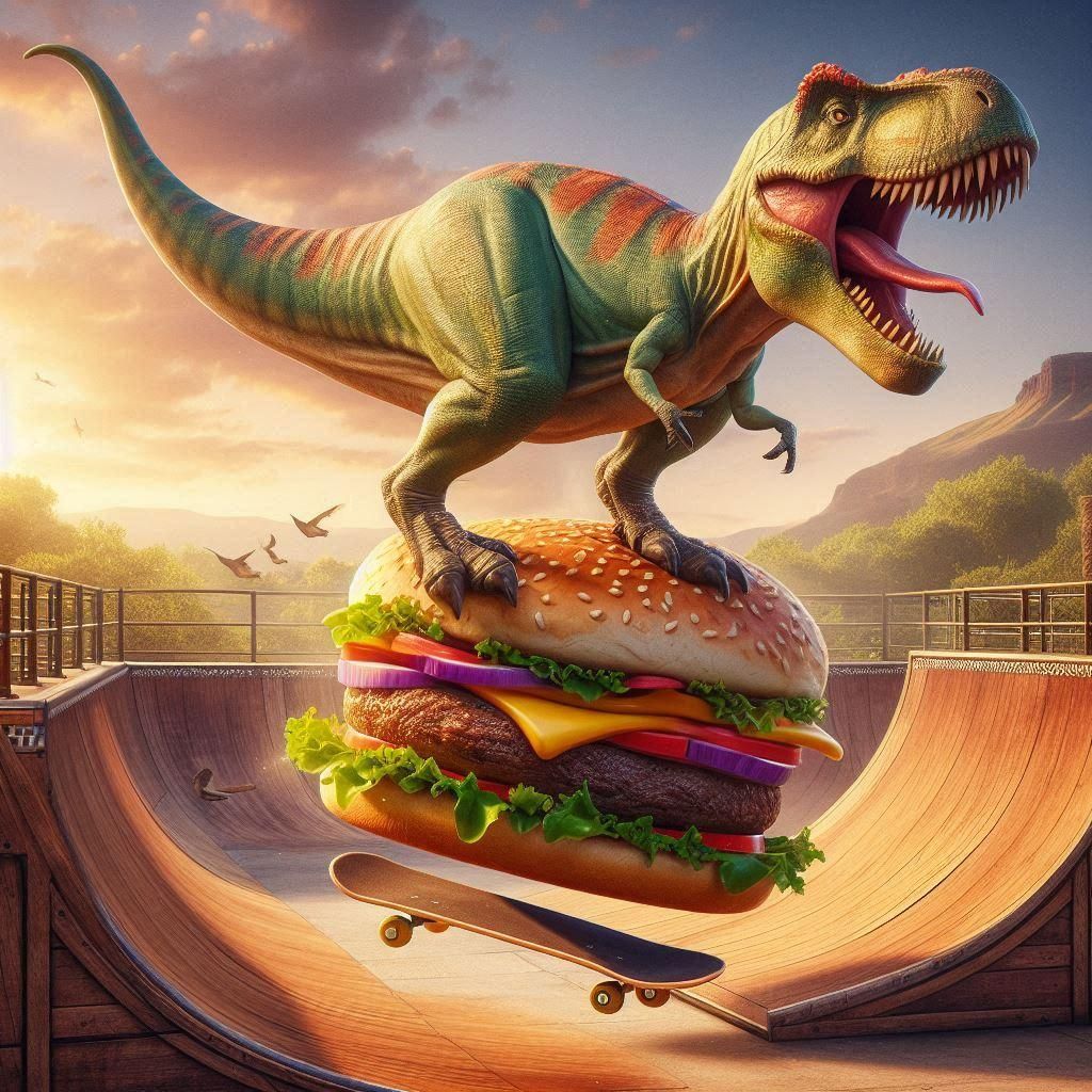 Silly dinosaurs on skateboards and hamburgers