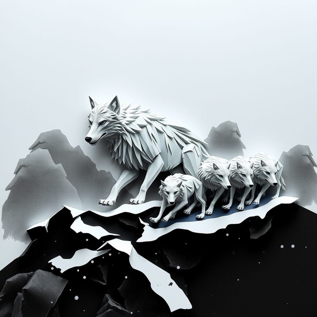 3D Origami Wolf in Dramatic Ink Wash Style