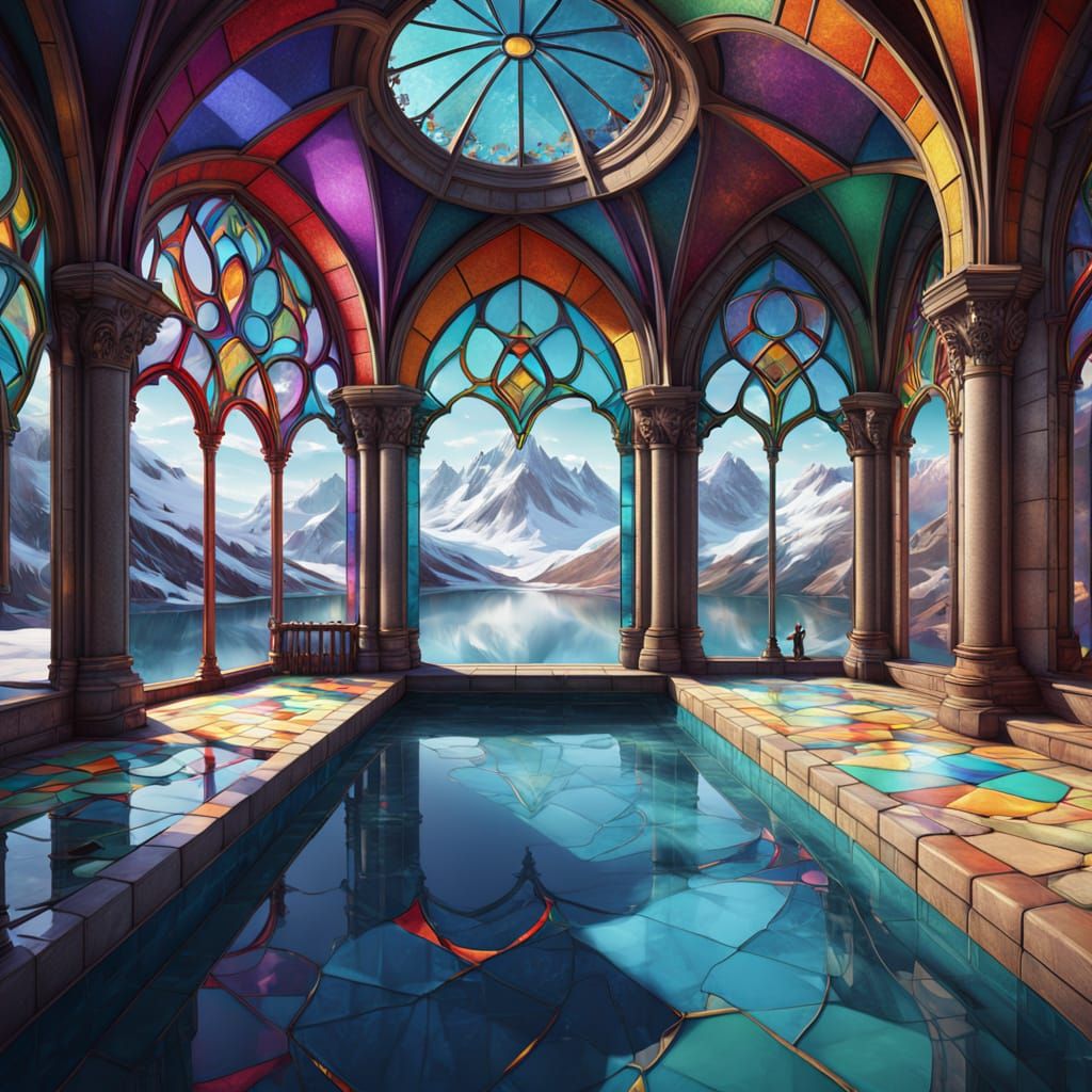 Vibrant Castle Pool with Panoramic Mountain Views in Stained...