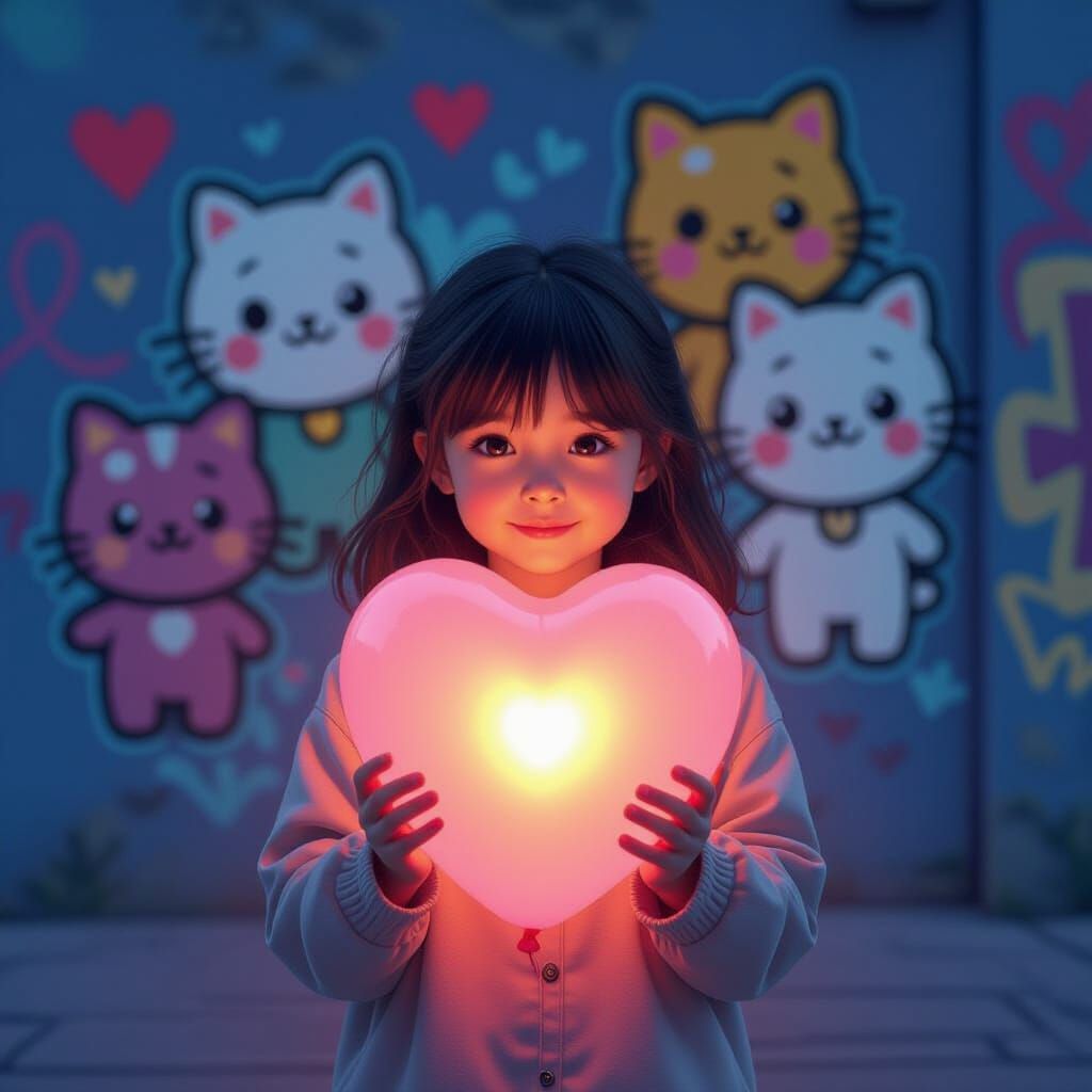 Realistic Child With Glowing Heart Balloon by Graffiti Wall