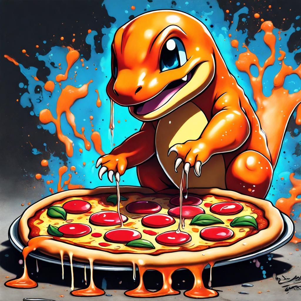 Charmander melting into a pizza