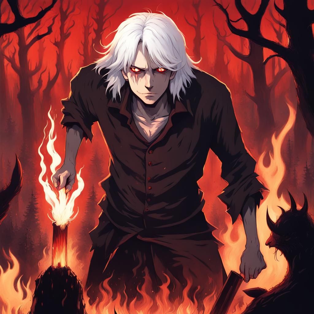 Innocent Anime Male With Pale Skin White Hair, Being Burned By A Stake 