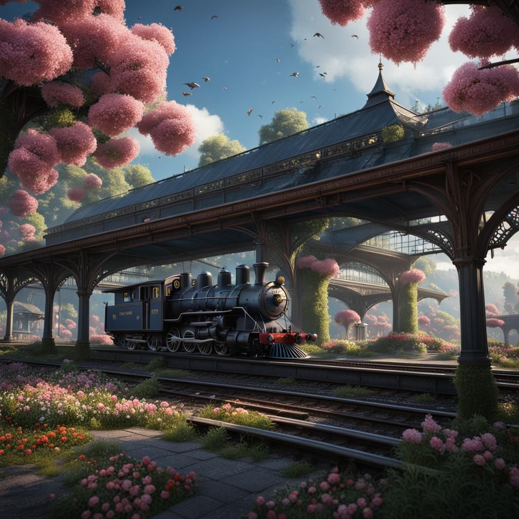 train station with trees and flowers