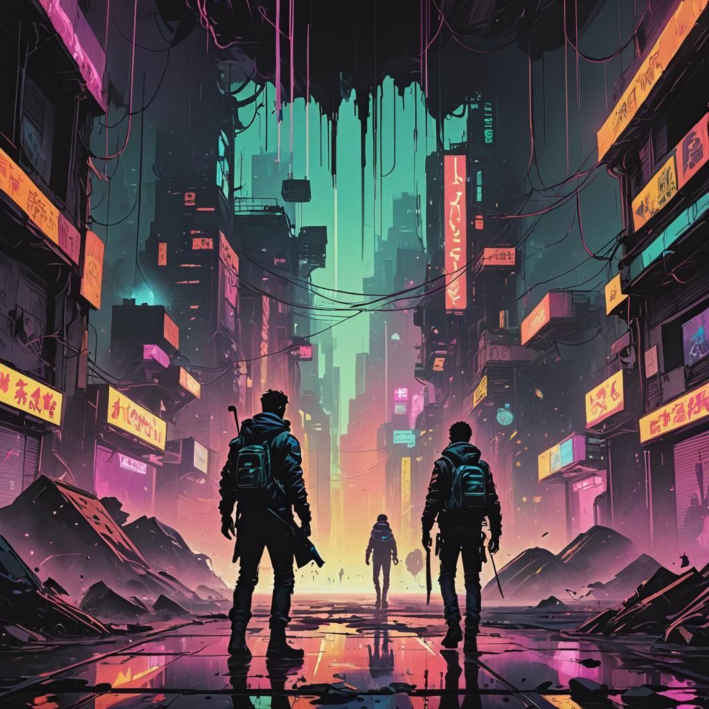 walking out into the abyss. splash art, new wave, neon dysto...