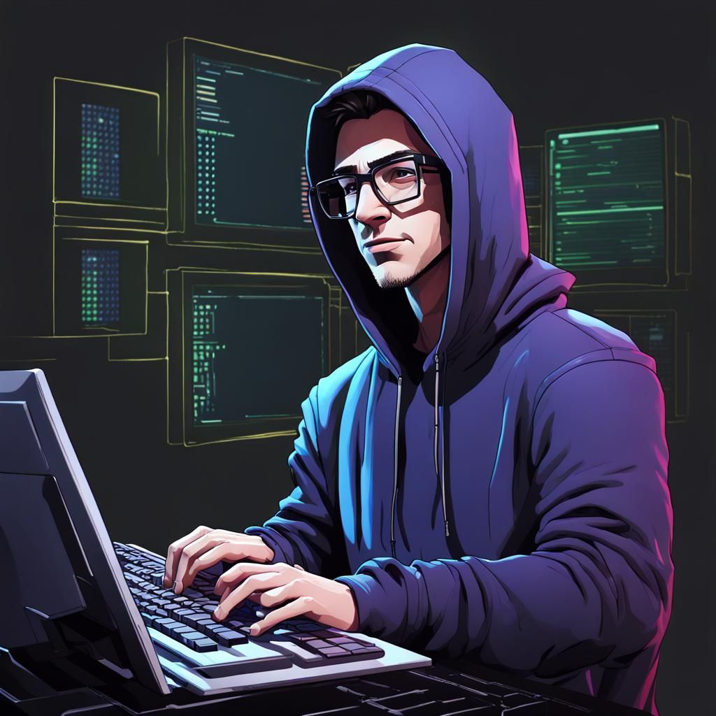 live animation of a hacker with a face of a known technical personality ...