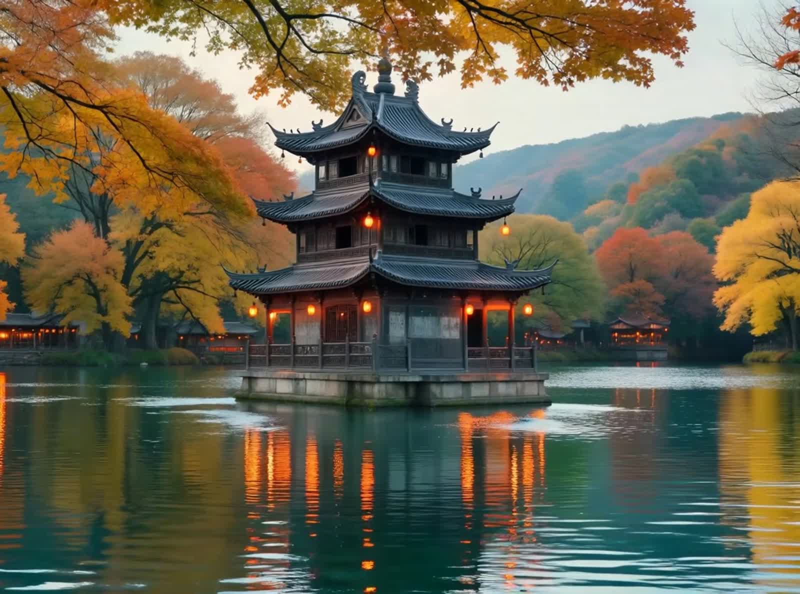 an autumn river pagoda with orange lights hanging from the surface