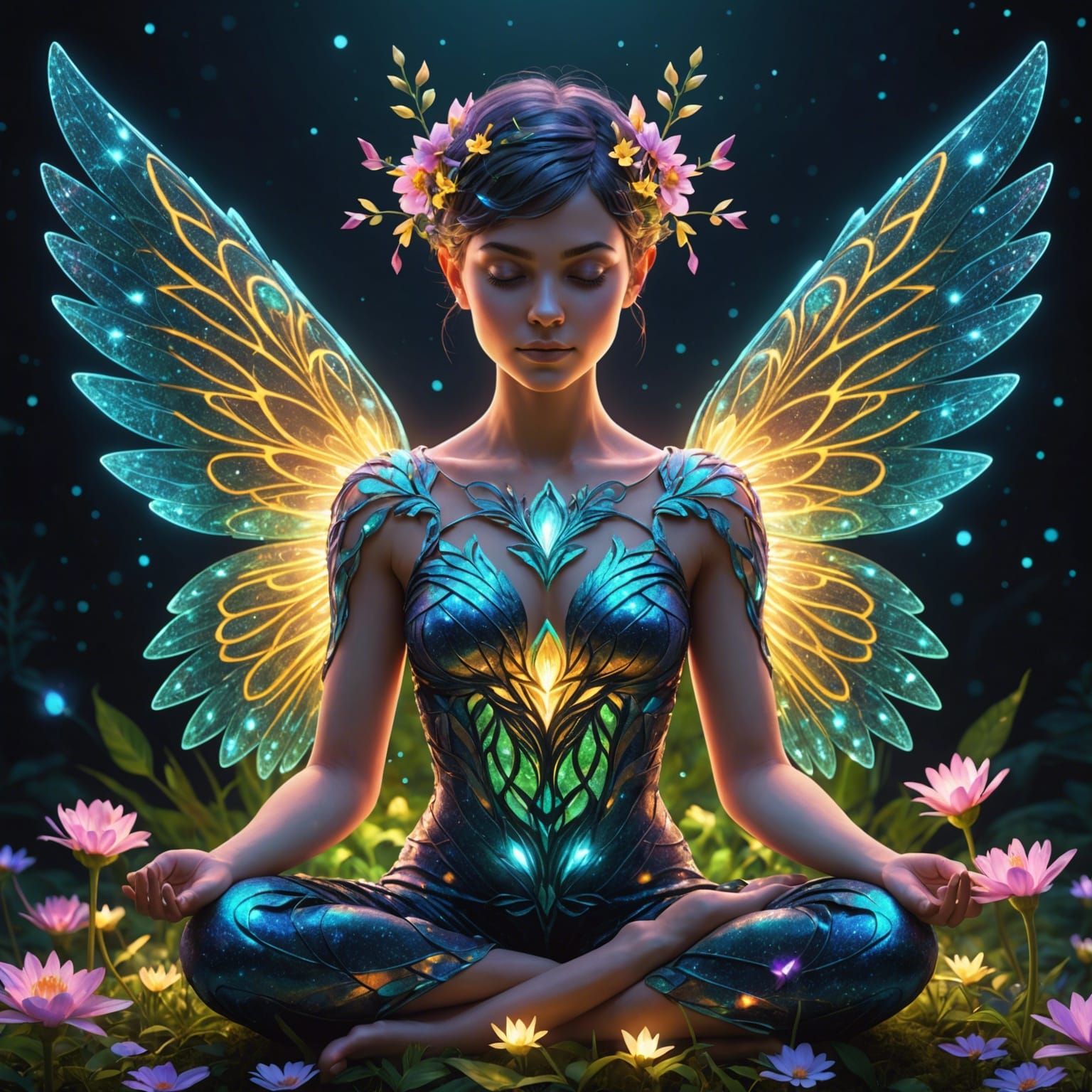 3d render full portrait of a meditating pixie-cut female fig...