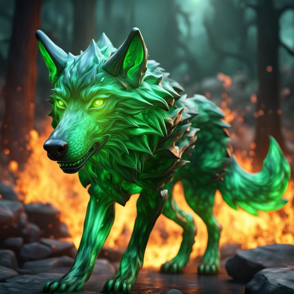 green fire glass wolf 4