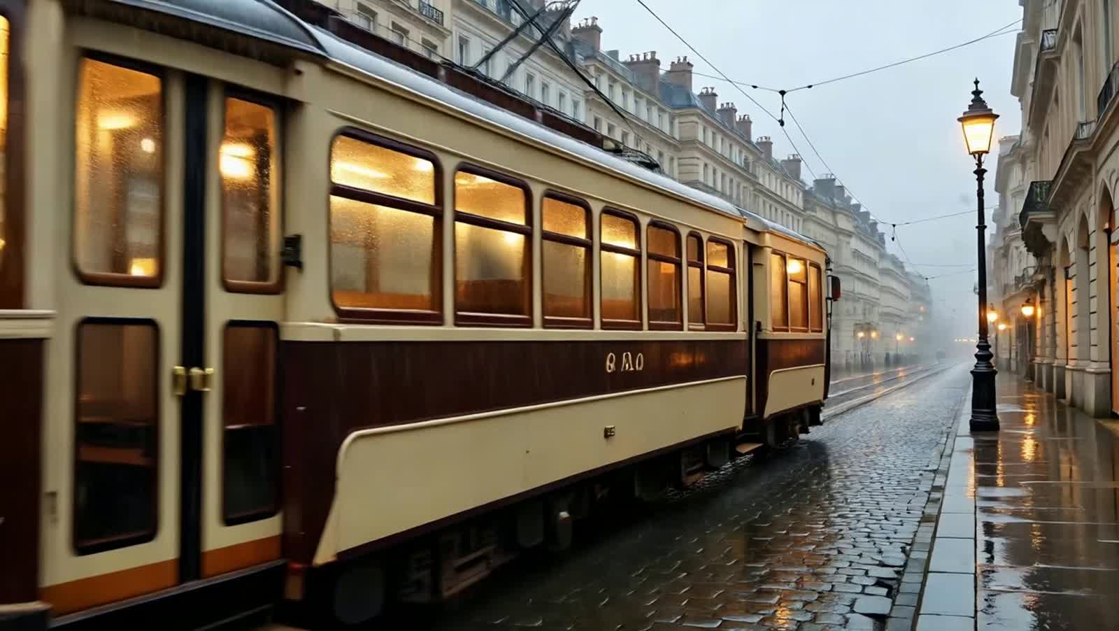 A vintage tram car navigating a cobblestone street in Paris during a gentle rain shower. The warm interior lights spill ...
