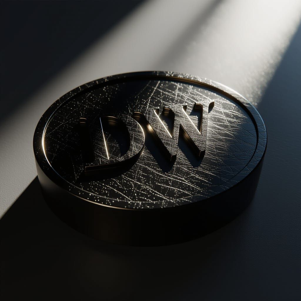 crear una imagen tridimensional con forma ovalada de color negra con las letras metálicas DW