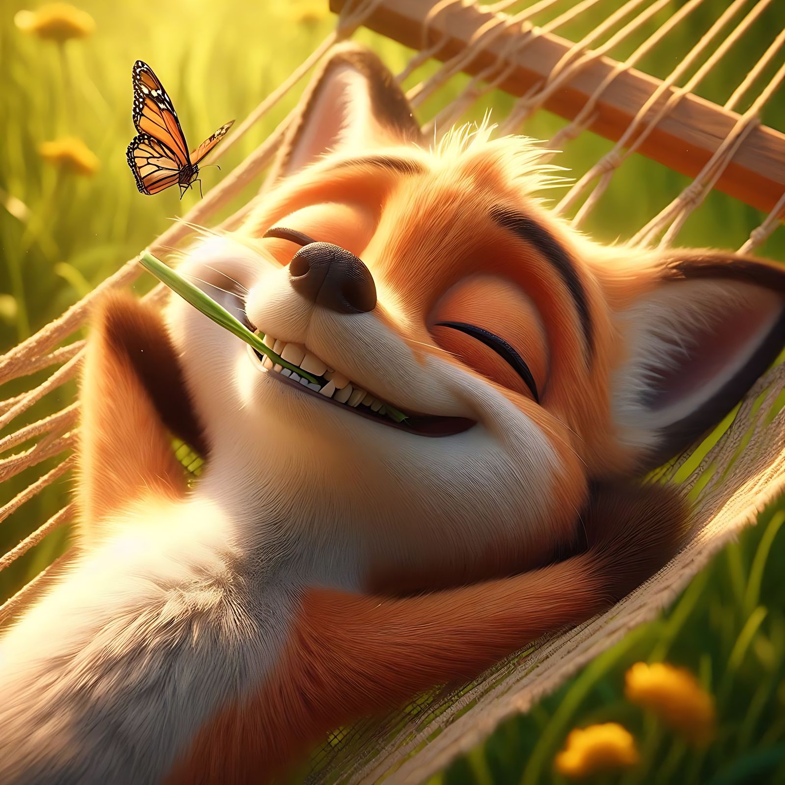 Relaxed fox enjoying a lazy afternoon in a hammock.