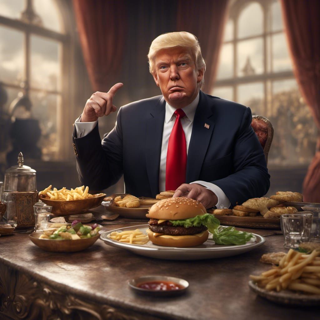 trump , with a soother in his mouth , pointing to a cheese burger on a ...