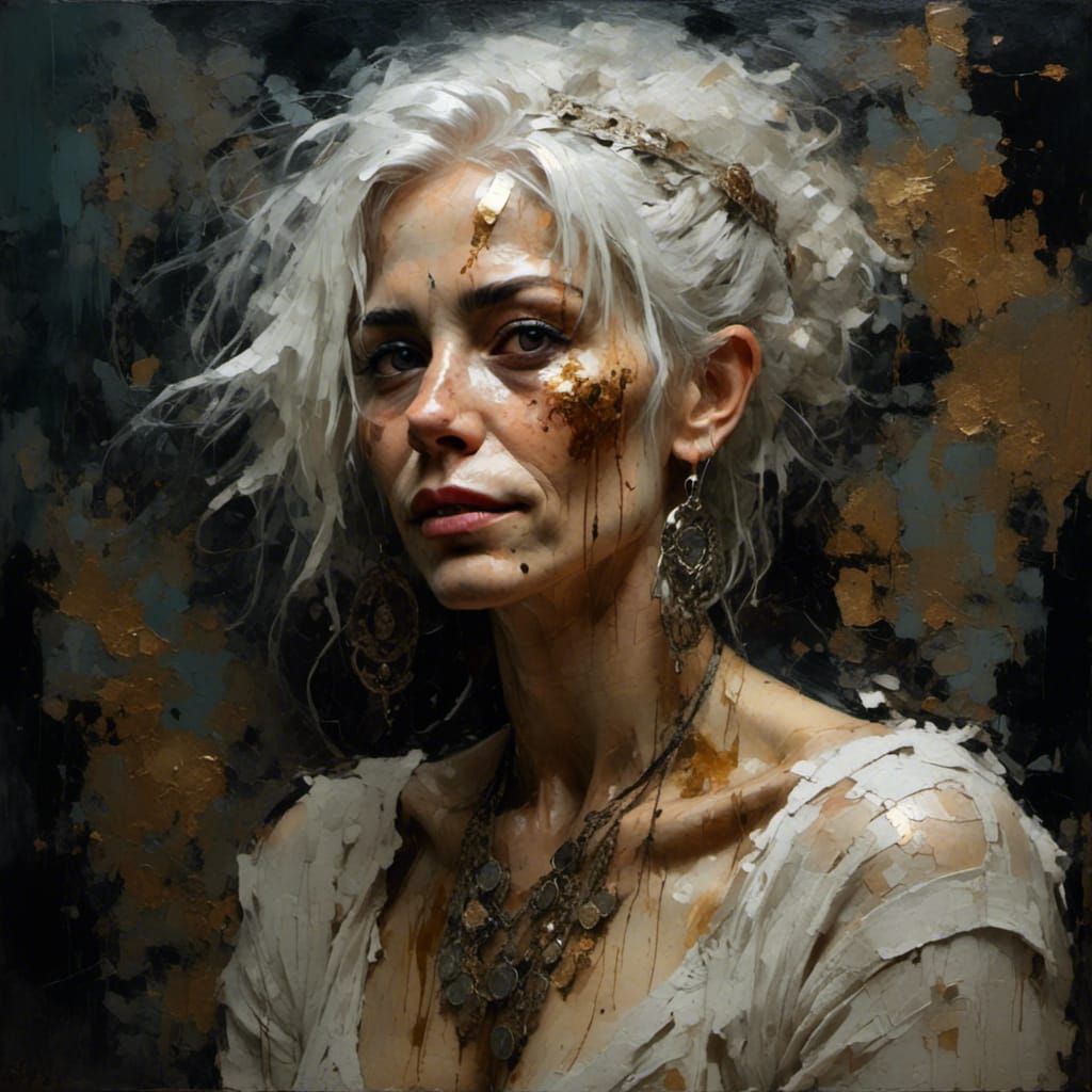 <lora:Filigree Oils:1.0> fully clothed, with Half smile, white hair, Amused, athletic beautiful woman, multiple piercings, metallic body att...