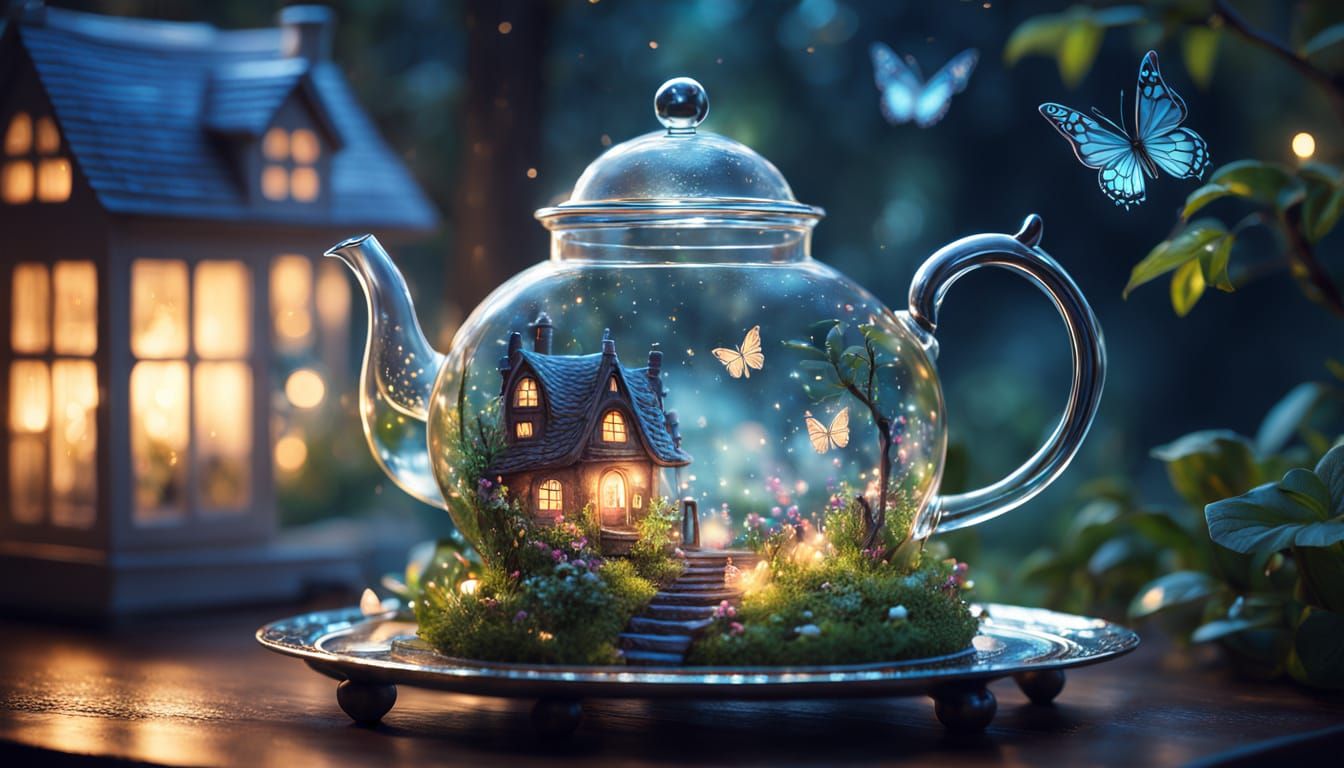 A whimsical composition featuring a clear glass teapot with a miniature, illuminated fantasy landscape ...  by @Slappy