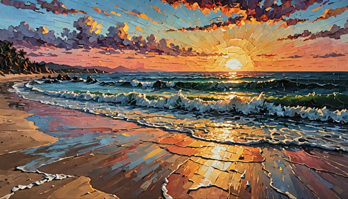 Impasto Painting of a sunset on beach  by @Alan