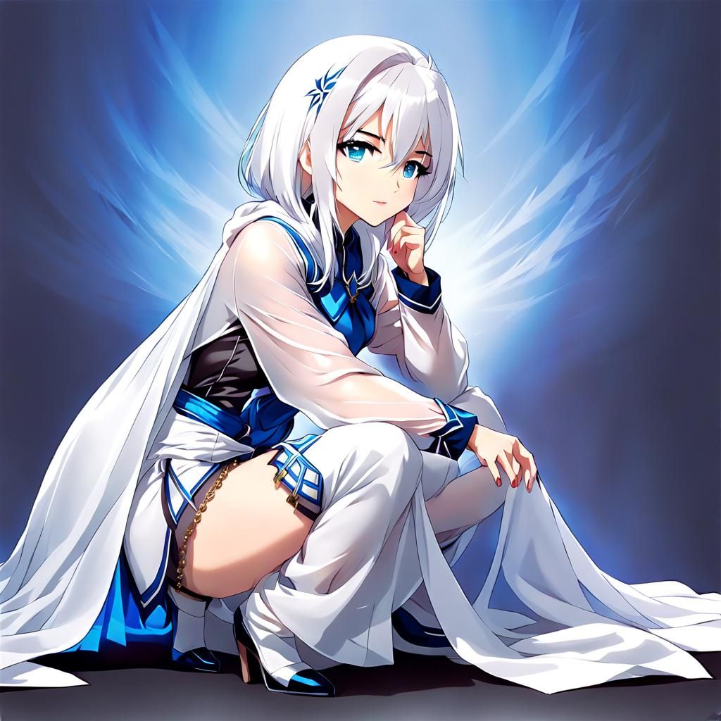 A Beautiful Woman With White Hair And Blue Crouched Down Wea...