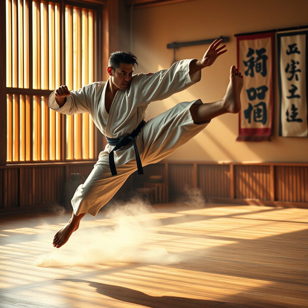 mid-air in a dynamic flying kick  by @Crowded Solitude