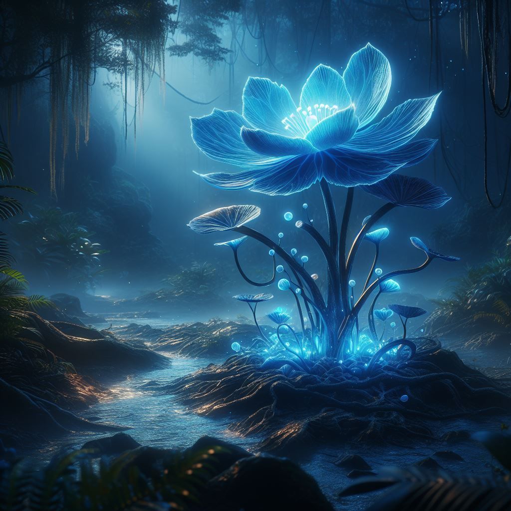 Glowing blue flower in the woods