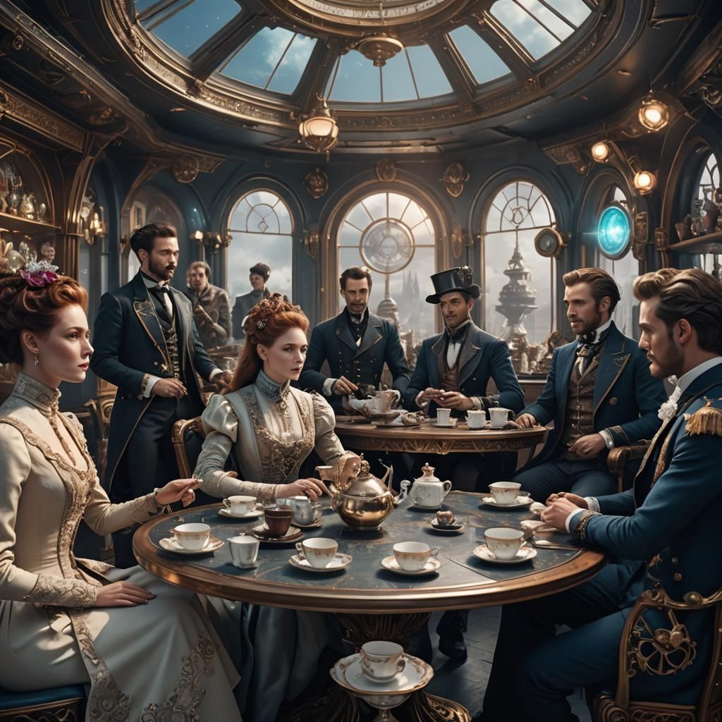 Characters dressed in Victorian-era clothing, sitting around...