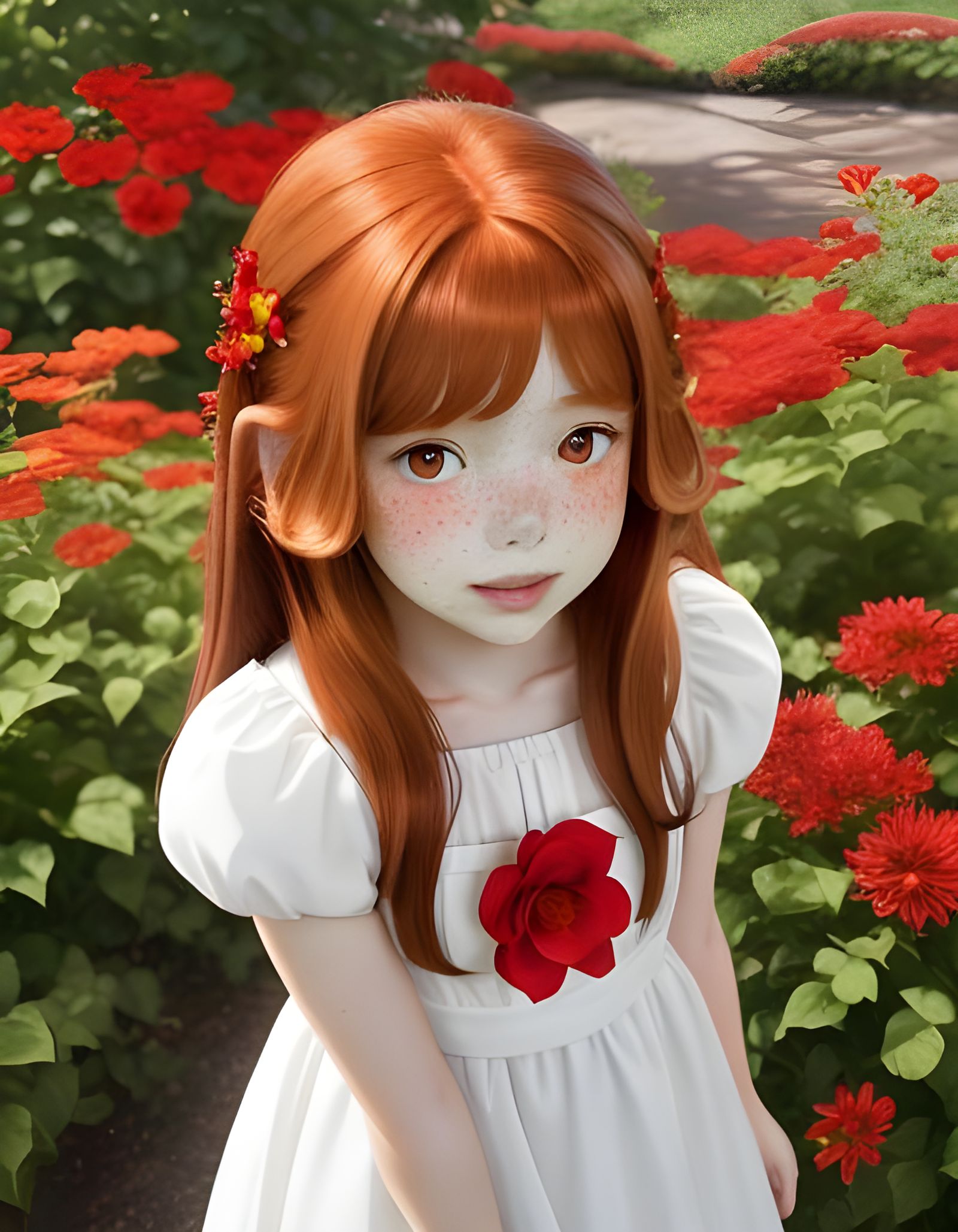 Auburn-Haired Girl Picking Flowers, Anime Style