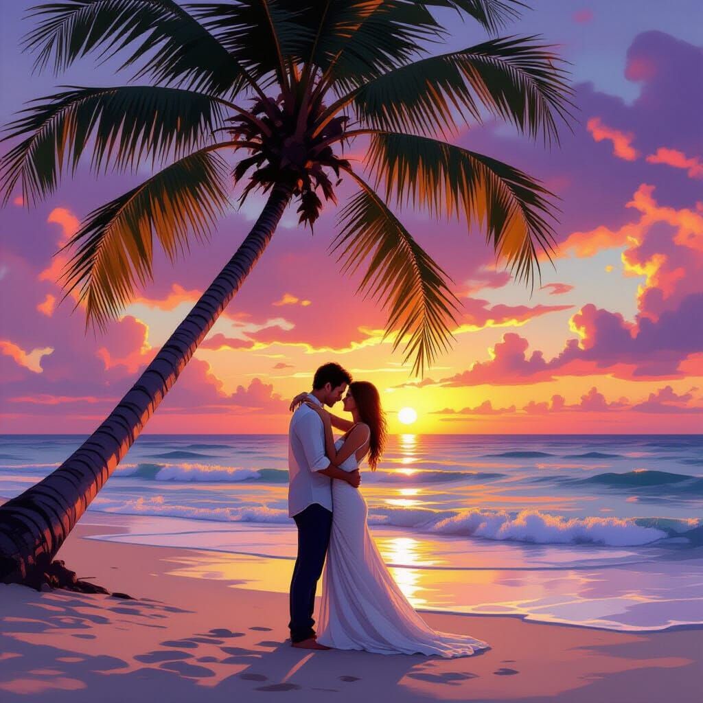 Romantic Couple Embracing on Tropical Beach at Sunset