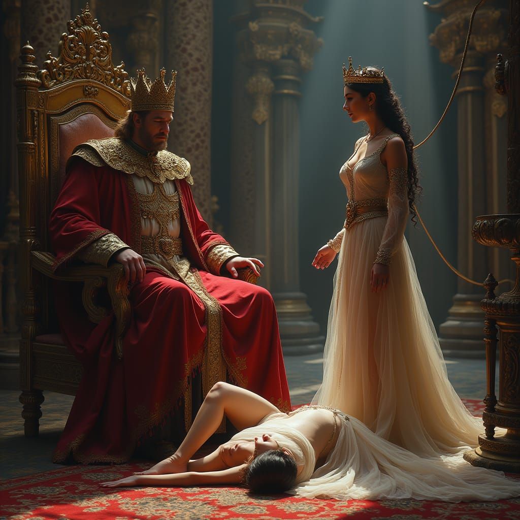Regal King Overlooks Submissive Woman in Grand Palace Scene