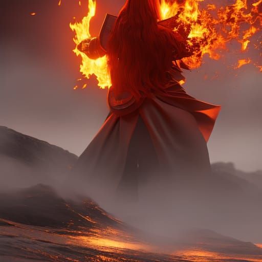 a tall red haired woman blocking a wave of fire with a shiel...