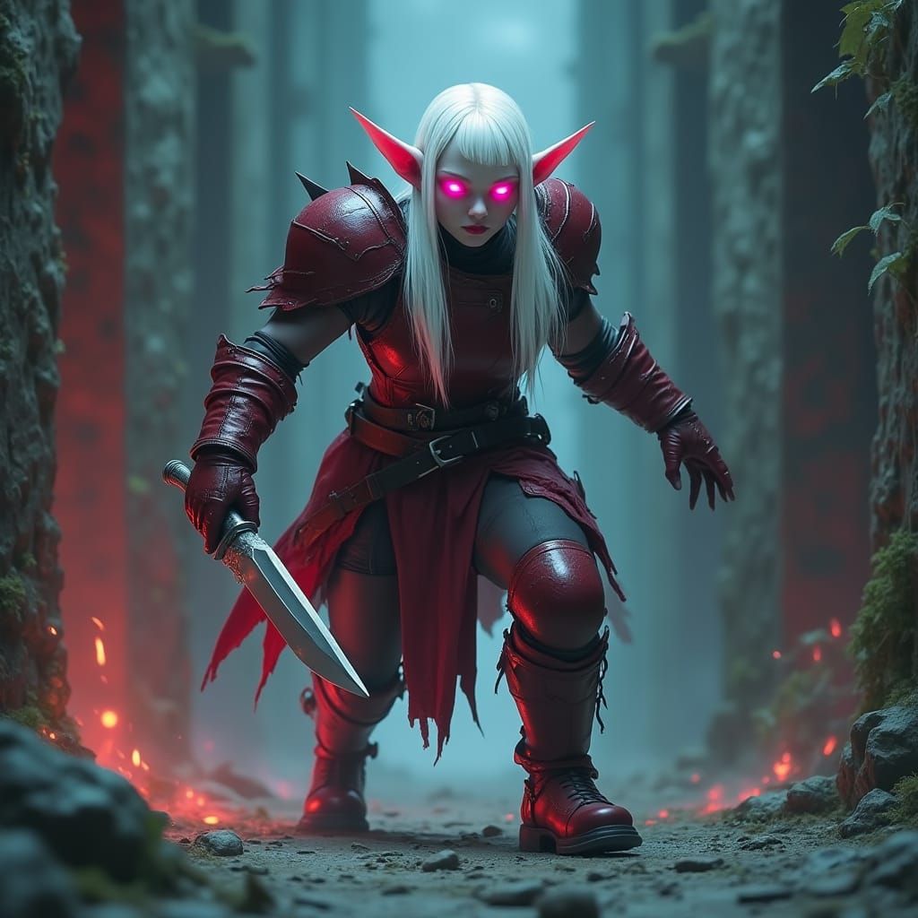 a massive pink eyed white haired female albino elf clutching a knife will  searching  for a way out of the lost corridor,  strange colored l...