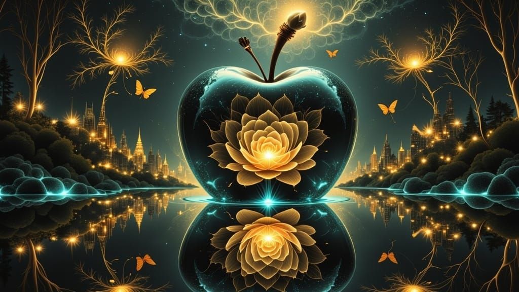 oil painting of infinity realities and reflections of underwater path into the woods in the shape of a huge  glass apple inside lash woods i...