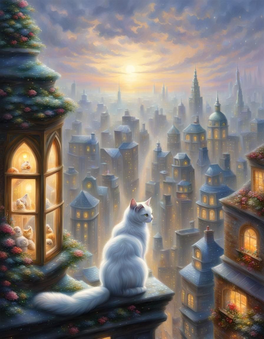 A white colour realistic beautiful cat is watching the city ...