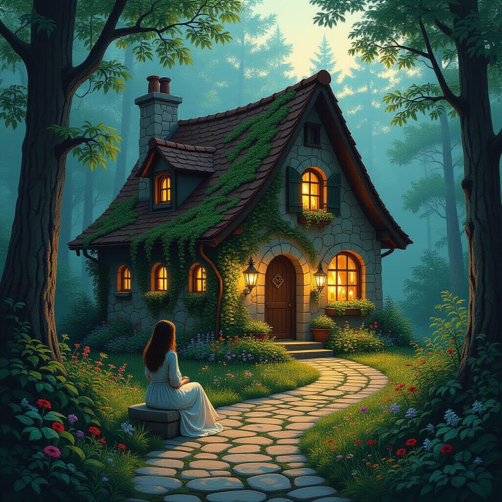 A 4K hyper-realistic digital painting of a peaceful forest sanctuary. A modest, beautiful house blends naturally into the landscape—stone an...