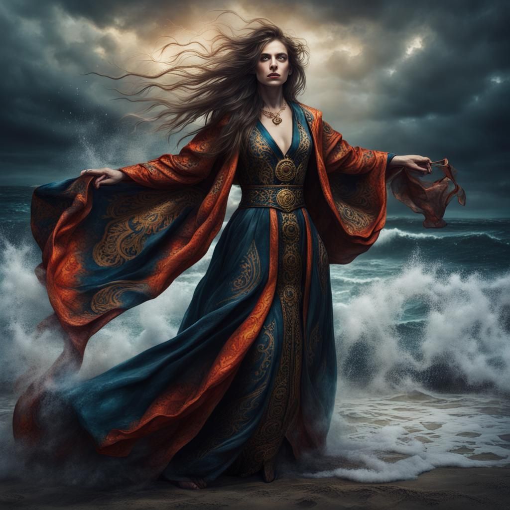 european sorceress wearing bold embroidered robes, raging sea, on a