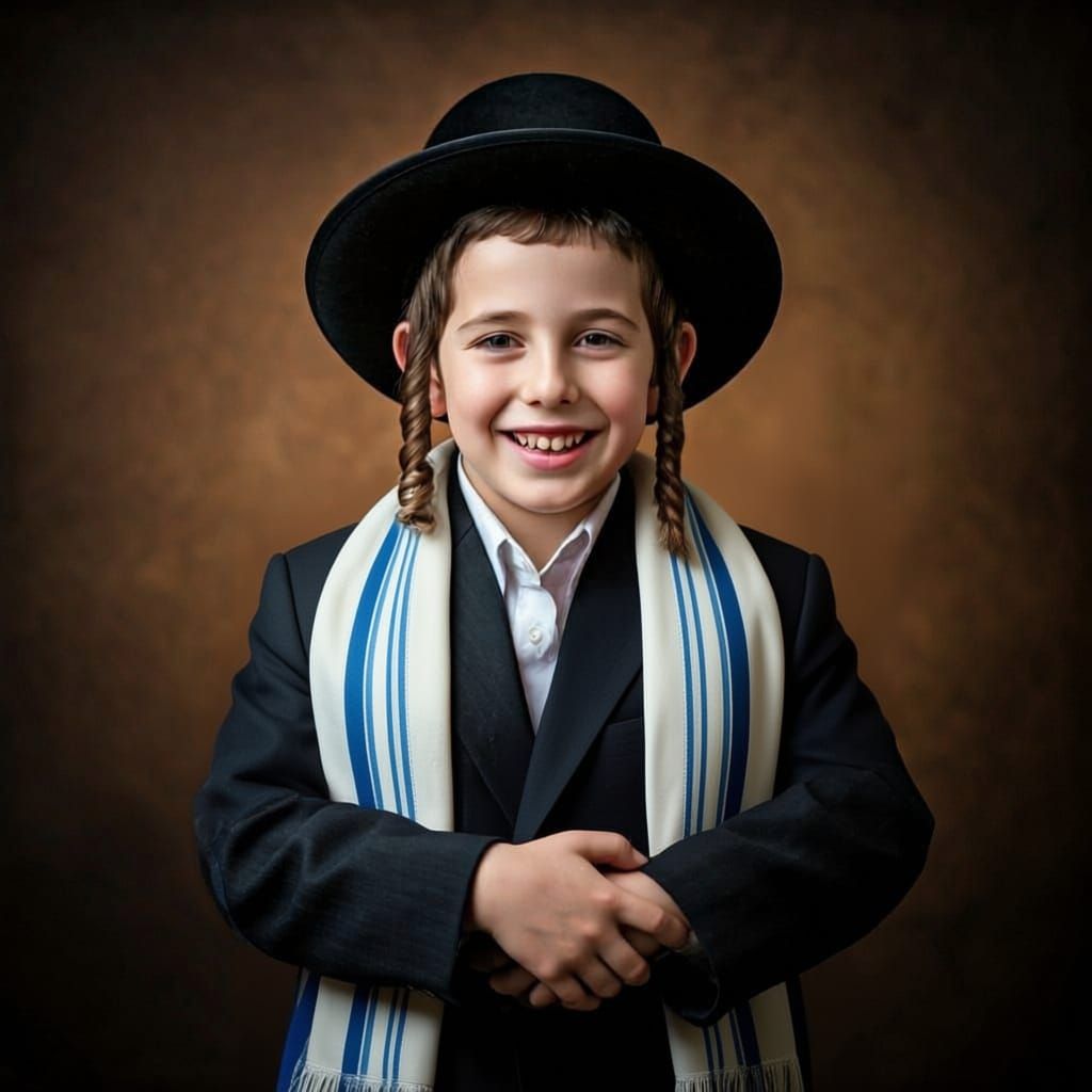 A Jewish boy dressed in Shabbat clothes smiles in Hasidic attire and appearance and holds a Torah scroll in his hands