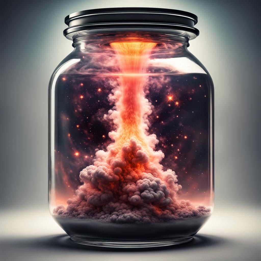 Explosive nuclear nebula contained within a jar, exploding, spreading