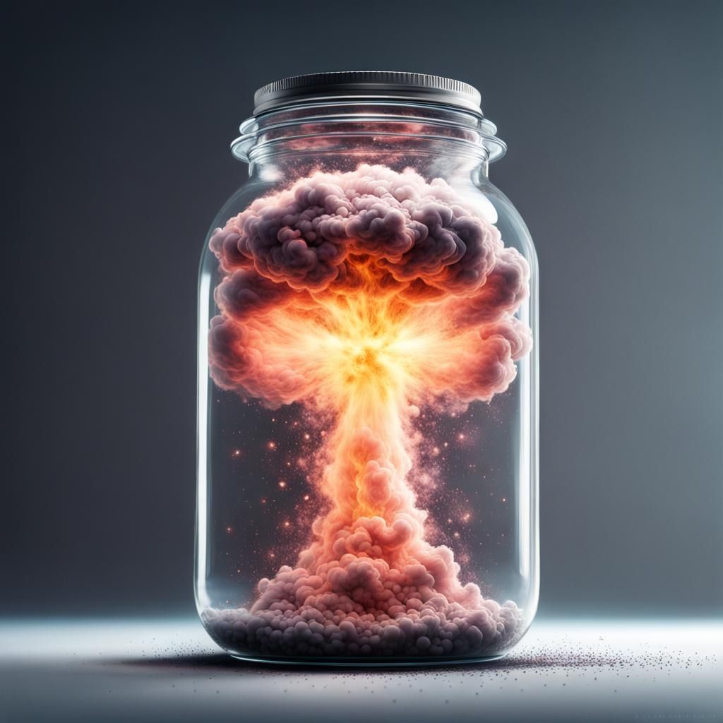 Explosive nuclear nebula contained within a jar, exploding, spreading